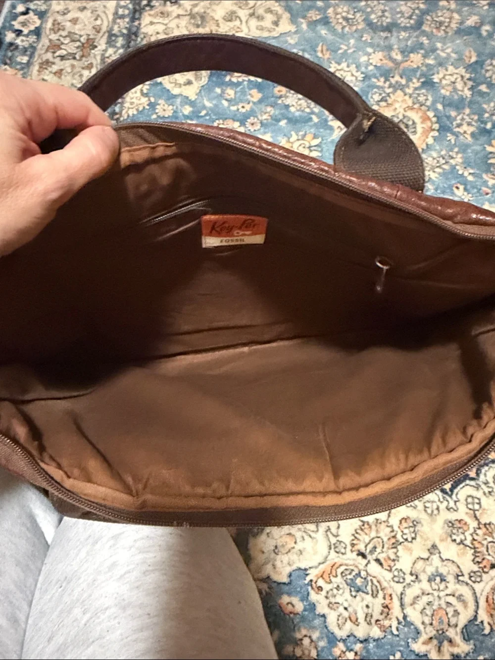 Fossil Brown Leather Laptop Messenger with Floral Stitching